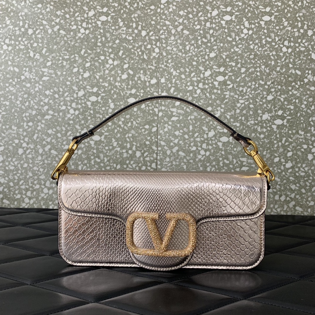 Valentino Garavani Loco Shoulder Bag in Gold Snake Grain Calfskin Leather